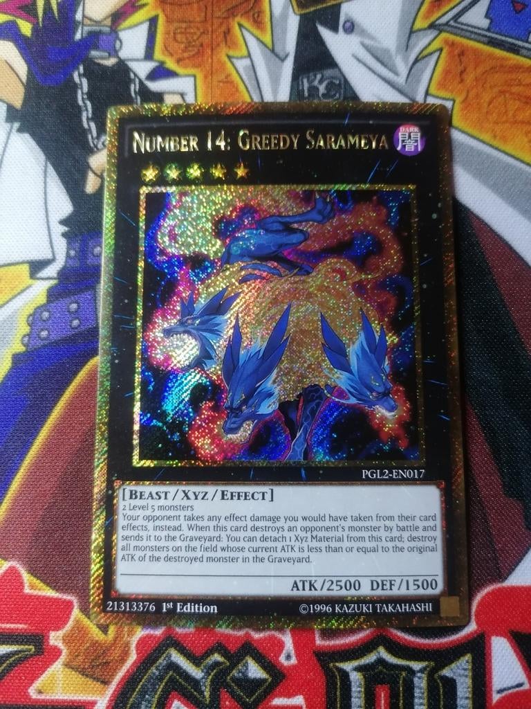Number 14 Greedy Sarameya - Gold Secret Rare PGL2 Yu-Gi-Oh, Ophalen of Verzenden, Zo goed als nieuw, Foil