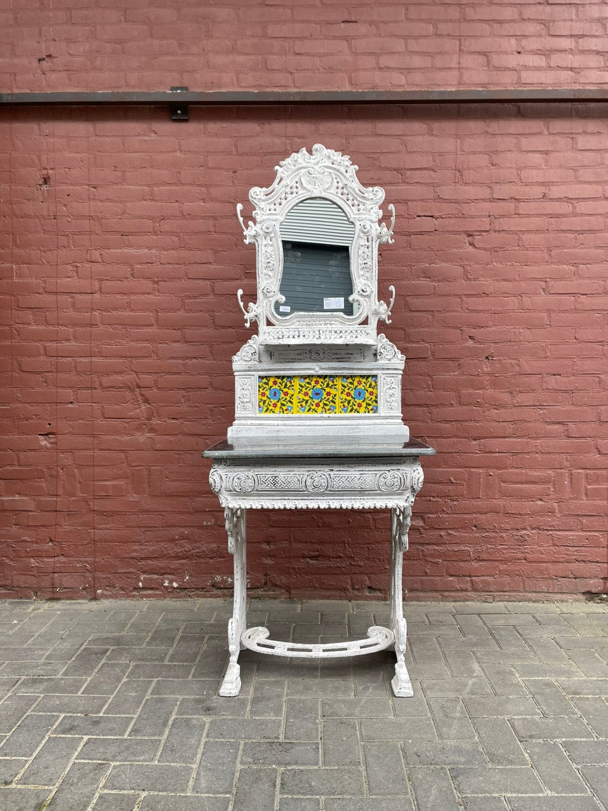 Vintage Indiase kaptafel van smeedijzer met marmer, Overige materialen, Gebruikt, 150 tot 200 cm, 50 tot 100 cm