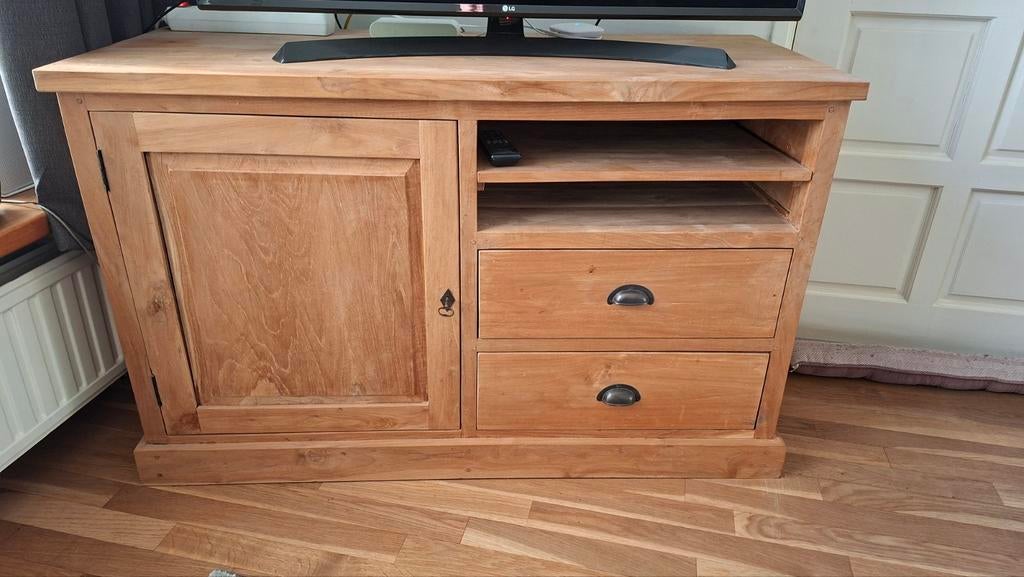Teakhouten TV meubel met opbergruimte, Huis en Inrichting, Kasten | Televisiemeubels, Ophalen, Gebruikt, 100 tot 150 cm, Teakhout