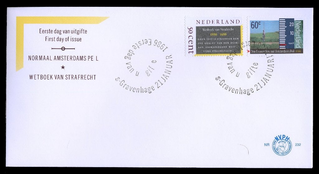 FDC + Max.kaarten ‘Wetboek Strafrecht & A'dams Peil’, 1986, Ophalen of Verzenden, Onbeschreven, Nederland