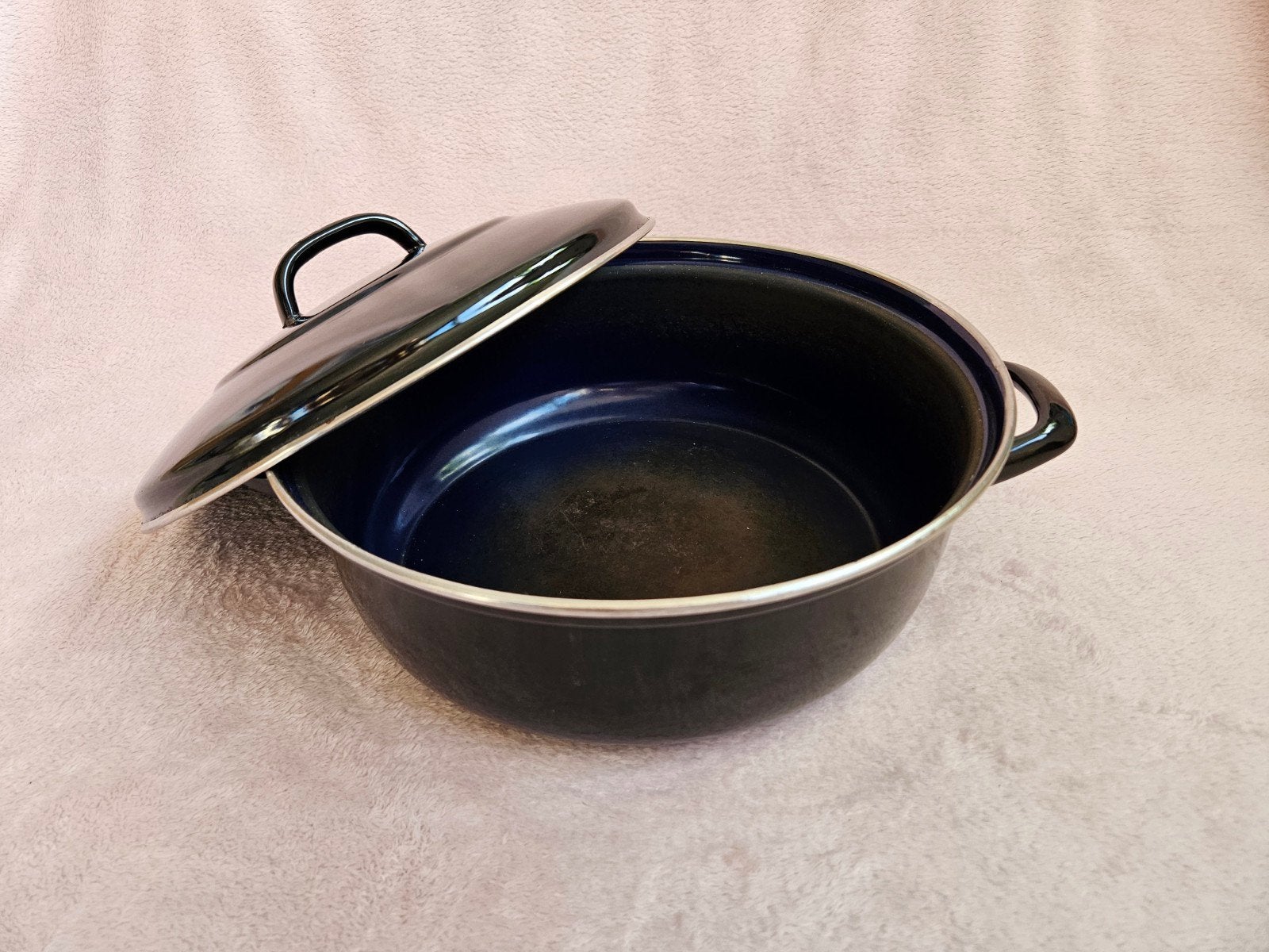Grote geëmailleerde braadpan, zwart/donkerblauw, Gebruikt, Braadpan, Ophalen of Verzenden, Met deksel