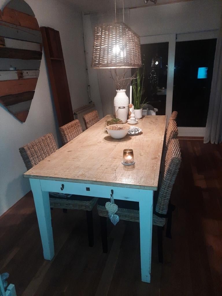 Gratis af te halen riviera maison tafel + 6 rieten stoelen., Ophalen, Gebruikt, 100 tot 150 cm, 50 tot 100 cm