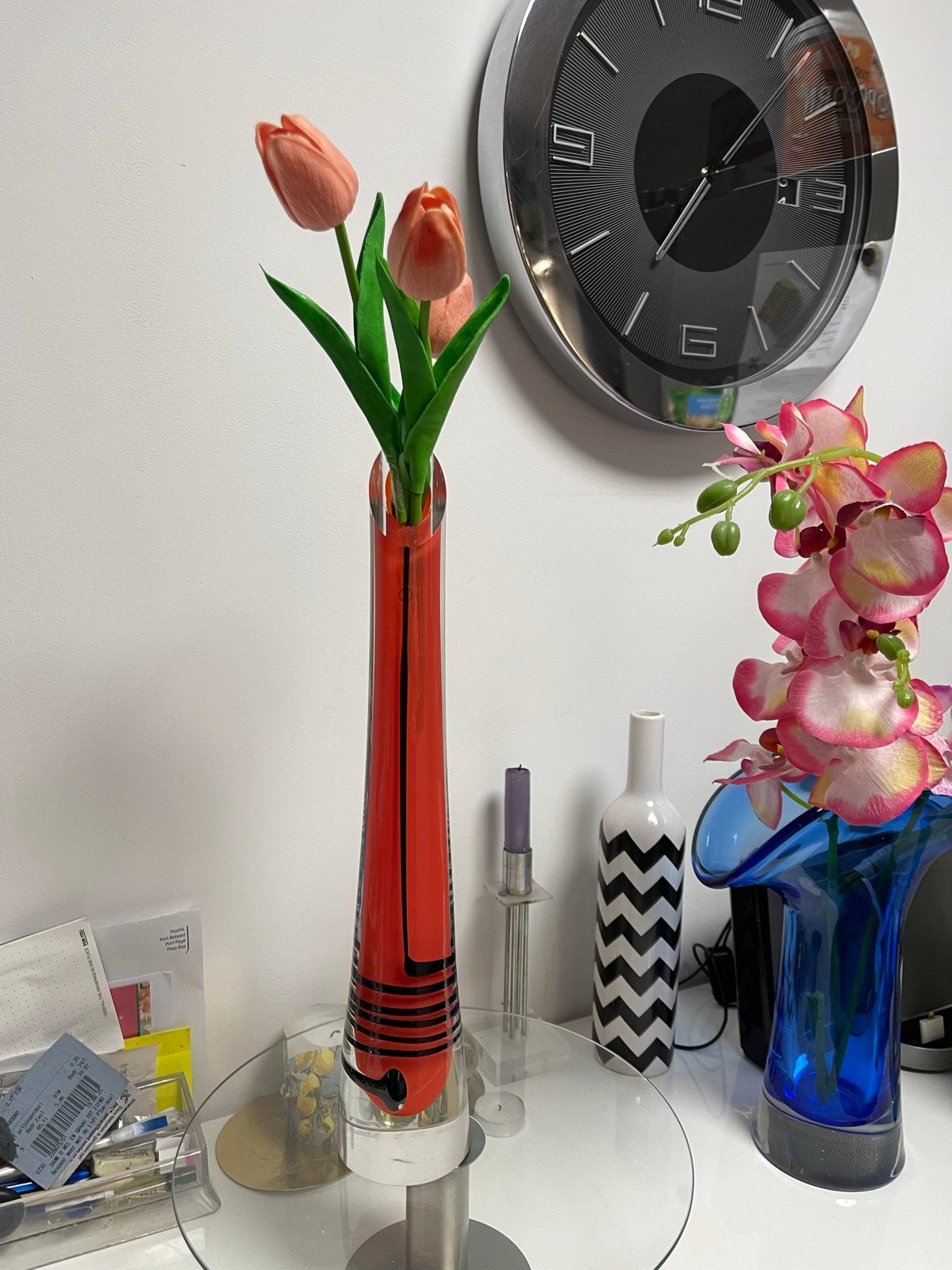 Handgemaakte Murano Glas Vaas - Rood met Zwart Design, Ophalen