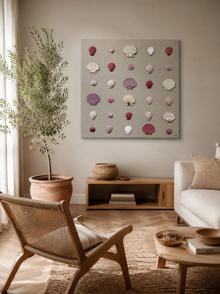 Japandi schilderij paneel linnen met schelpen groot roze, Antiek en Kunst, Kunst | Schilderijen | Abstract, Ophalen