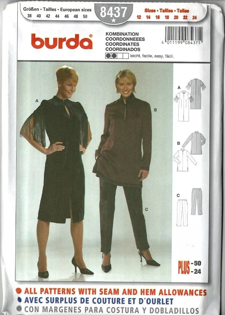 Burda naaipatroon kledingpatroon 8437 jurk tuniek maat 38-50, Broek, Vrouw, Nieuw, Burda