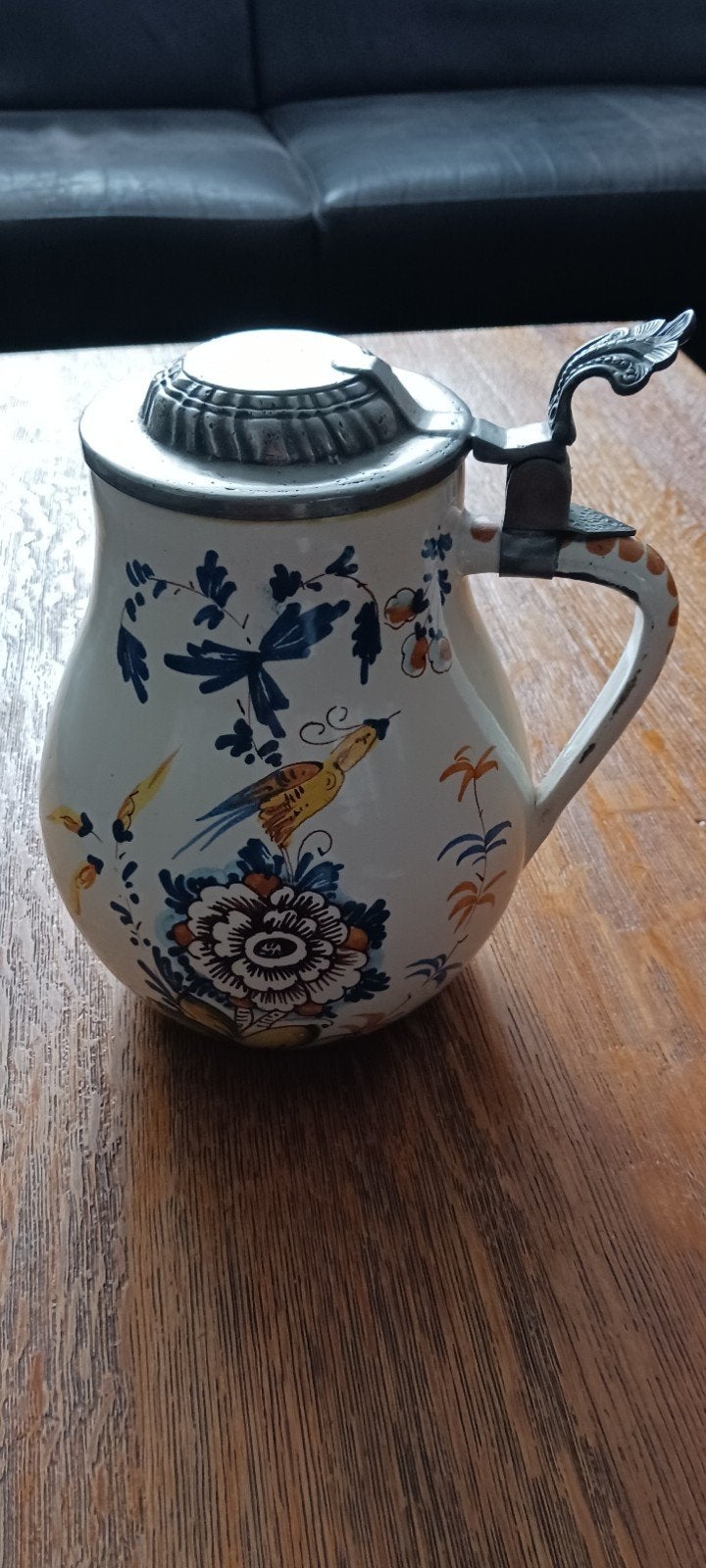 ANTIEKE KERAMISCHE SCHENKKAN MET TINNEN DEKSEL 19E EEUW 25CM, Ophalen of Verzenden