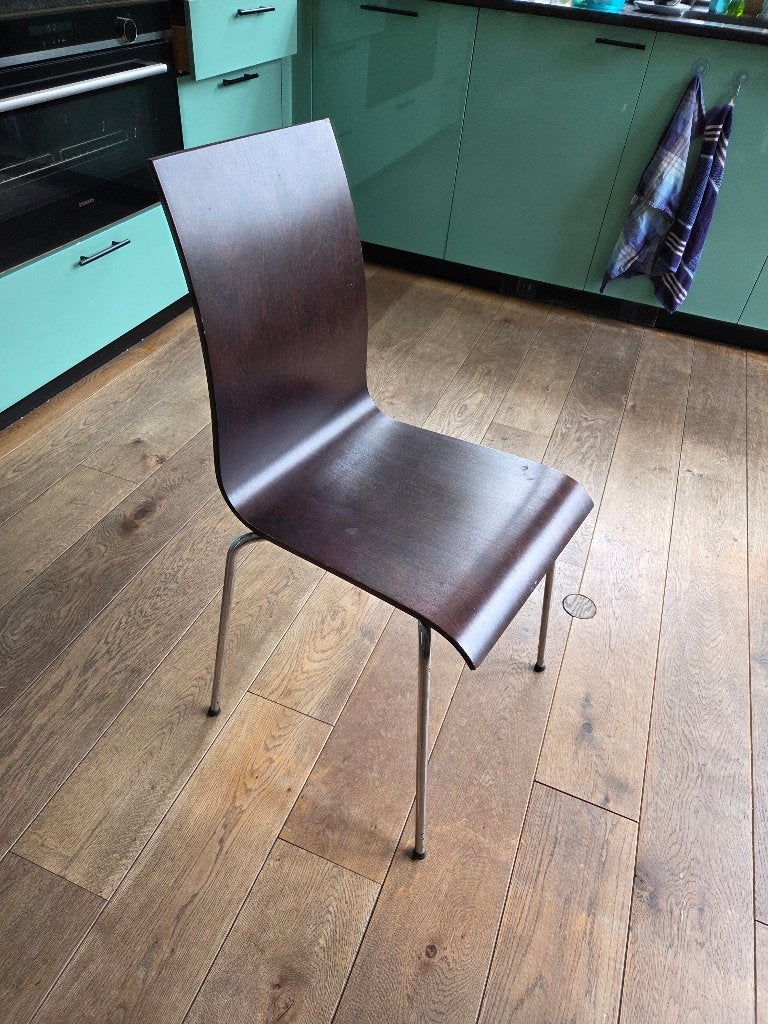 Set van 6 vintage /industriele eetkamerstoelen (hout/chroom), Huis en Inrichting, Ophalen, Gebruikt, 50 tot 100 cm, Vintage/ industrieel