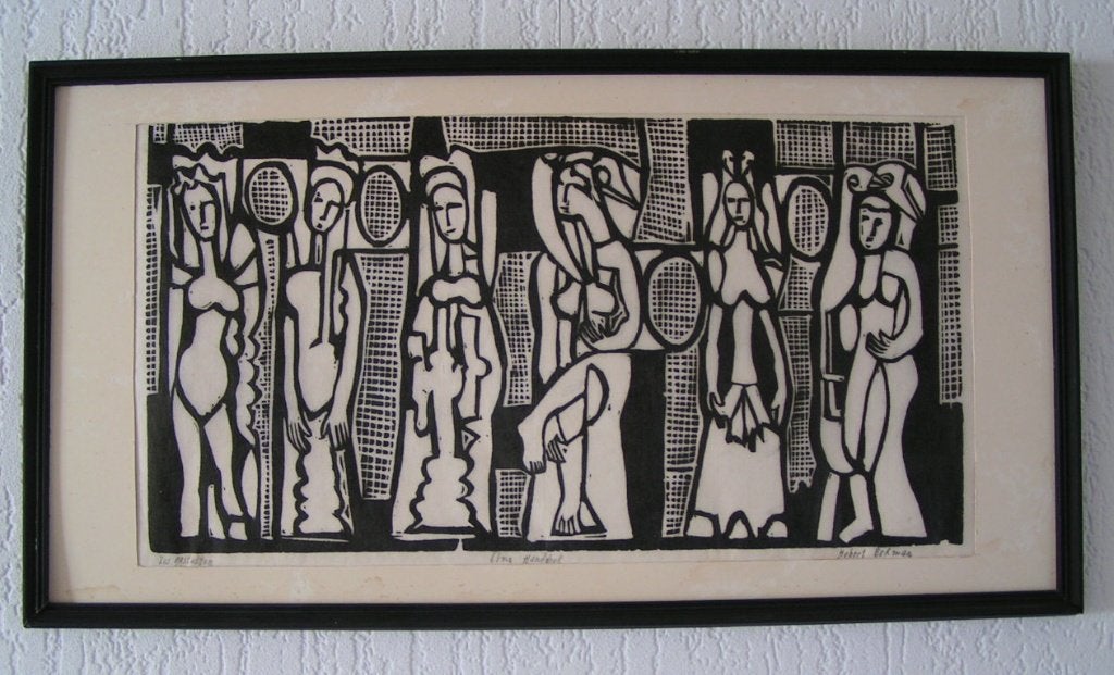 Hubert Bekman "6 figuren" prachtige Houtgravure ets tekening, Met tekst, 28 cm, Religie, Ophalen of Verzenden