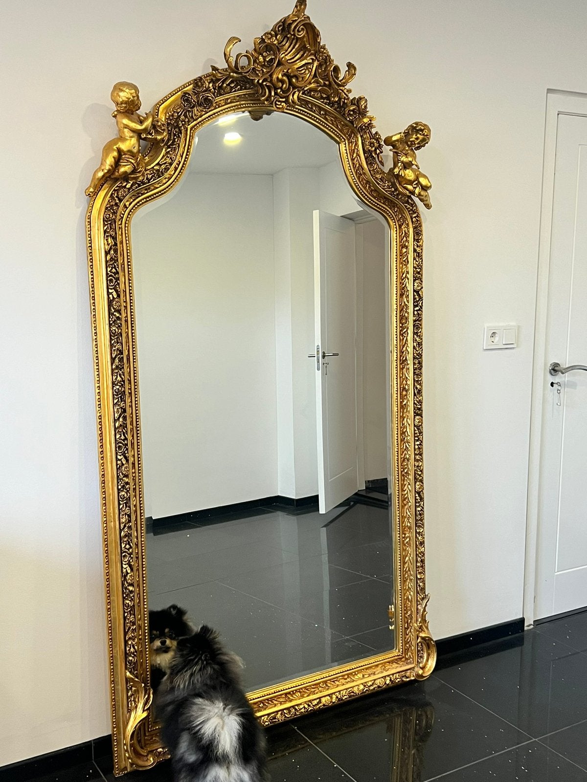Grote Barok Spiegel met Engeltjes - Goudkleurig, Ophalen, Overige vormen, 200 cm of meer