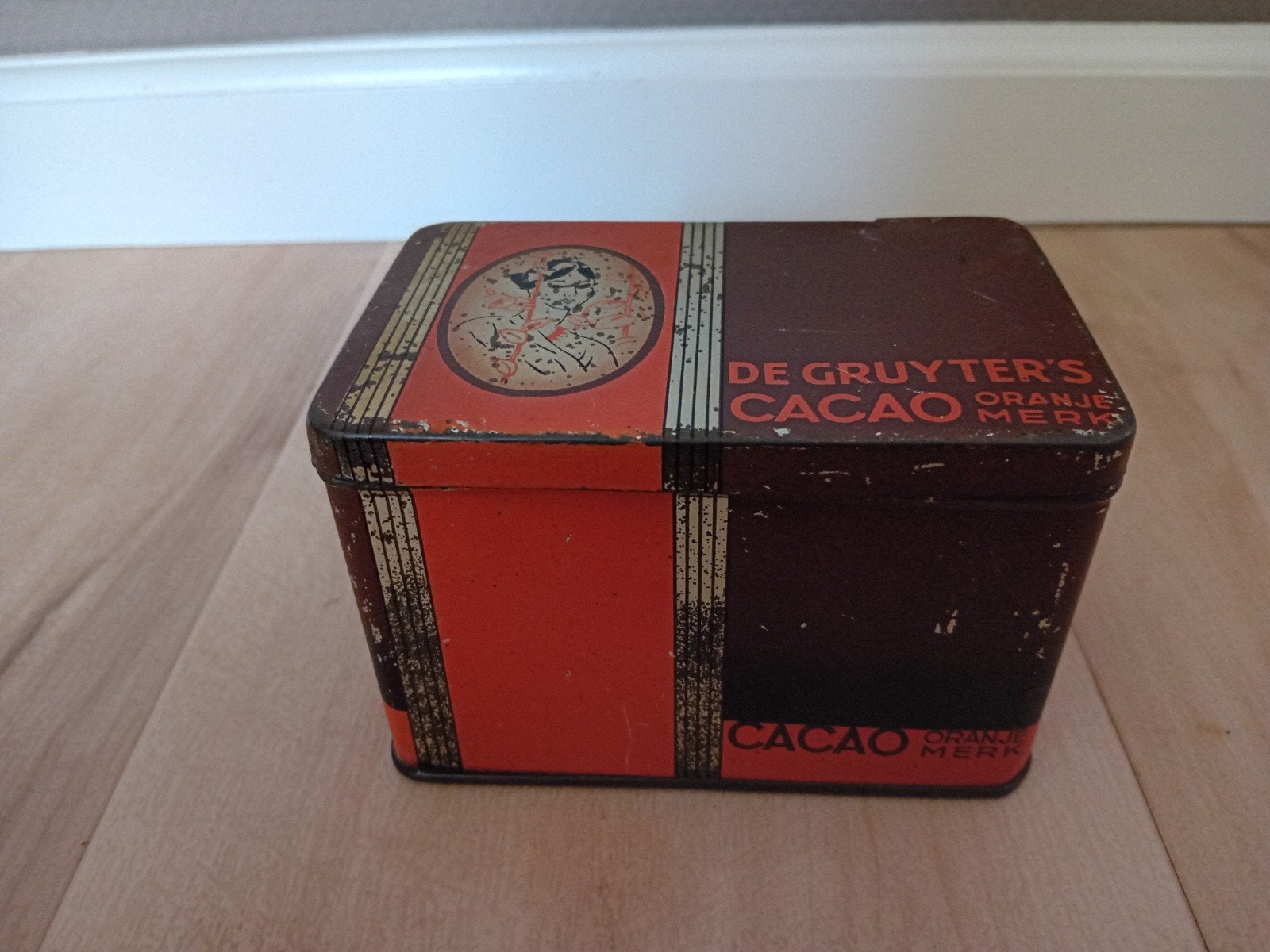 Vintage De Gruyter's Cacao Oranje Merk Blik, Ophalen of Verzenden, Gebruikt, Overige