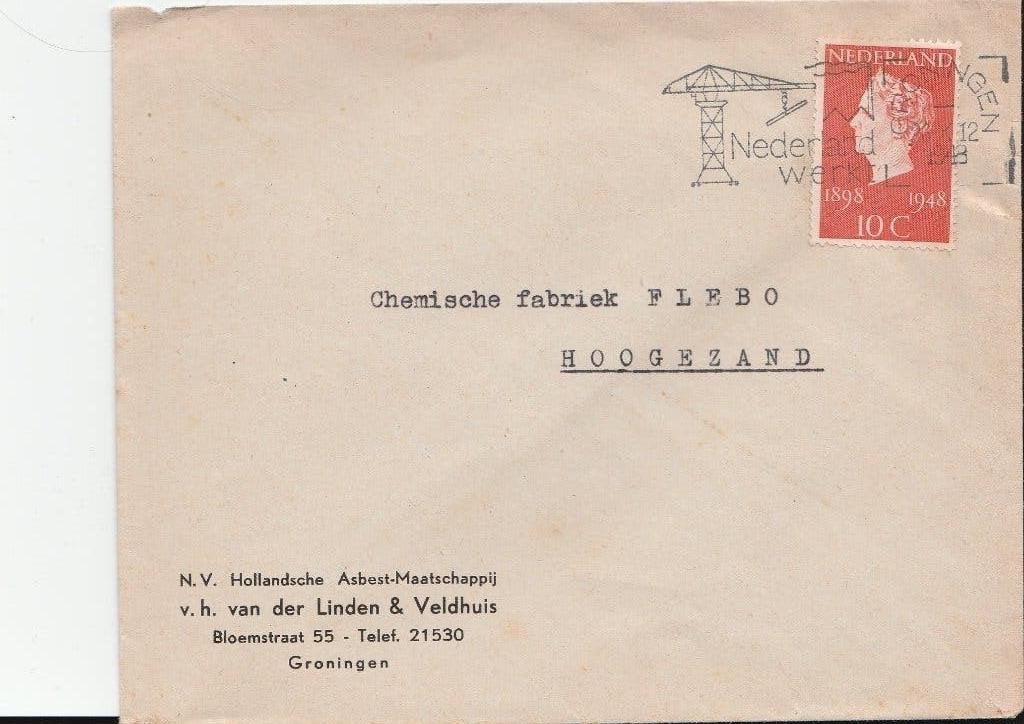GRONINGEN 1948 nv Holl. ASBEST Mij vh Vdr LINDEN en Veldhuis, Ophalen of Verzenden, 1940 tot 1960, Gelopen, Groningen