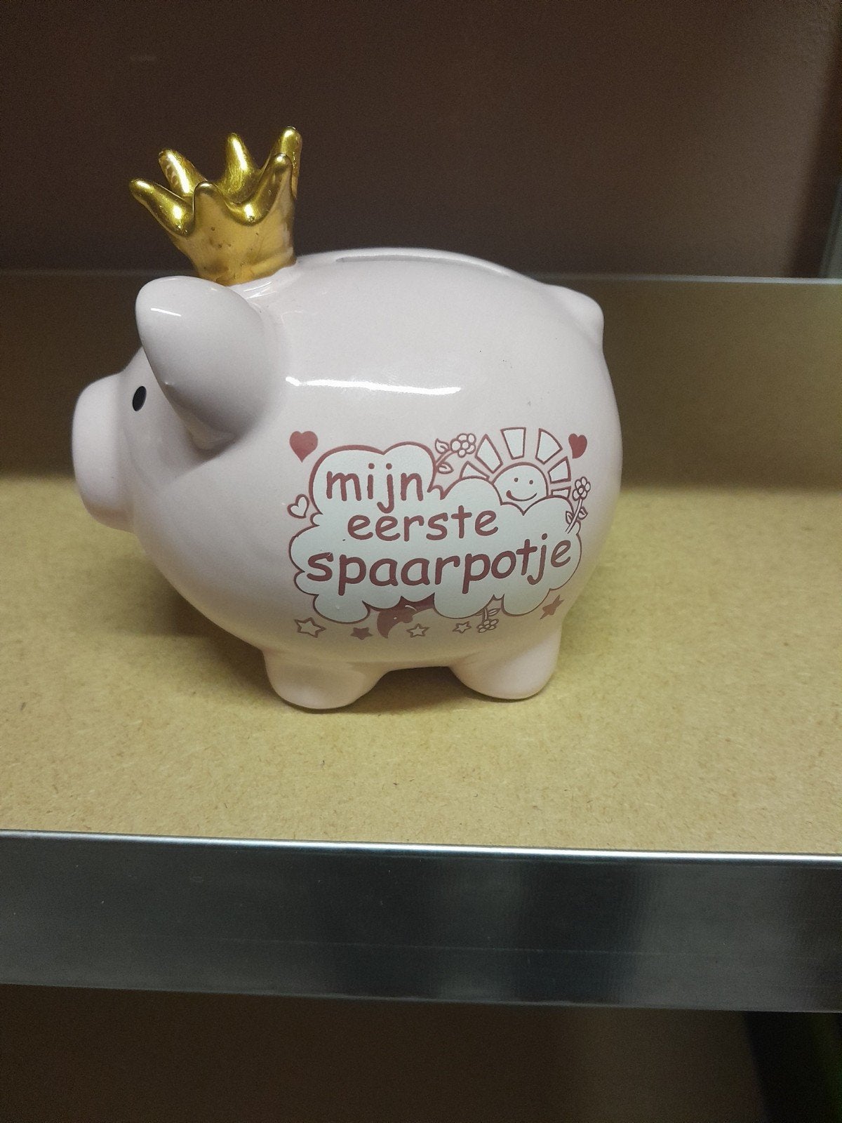 Mijn Eerste Spaarpotje - Roze Varkentje met Kroon, Ophalen of Verzenden, Zo goed als nieuw, Steen, Aardewerk of Keramiek, Dier