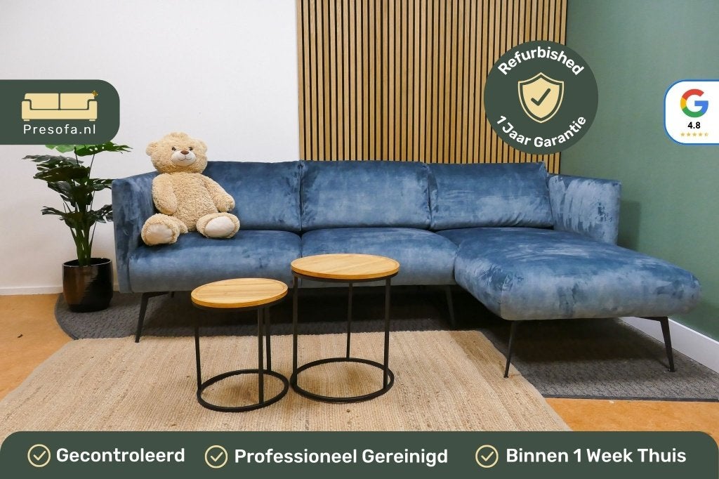 Kleine Hoekbank met Chaise Longue Velvet Blauw [Refurbished], -, -, Hoekbank, Ophalen of Verzenden