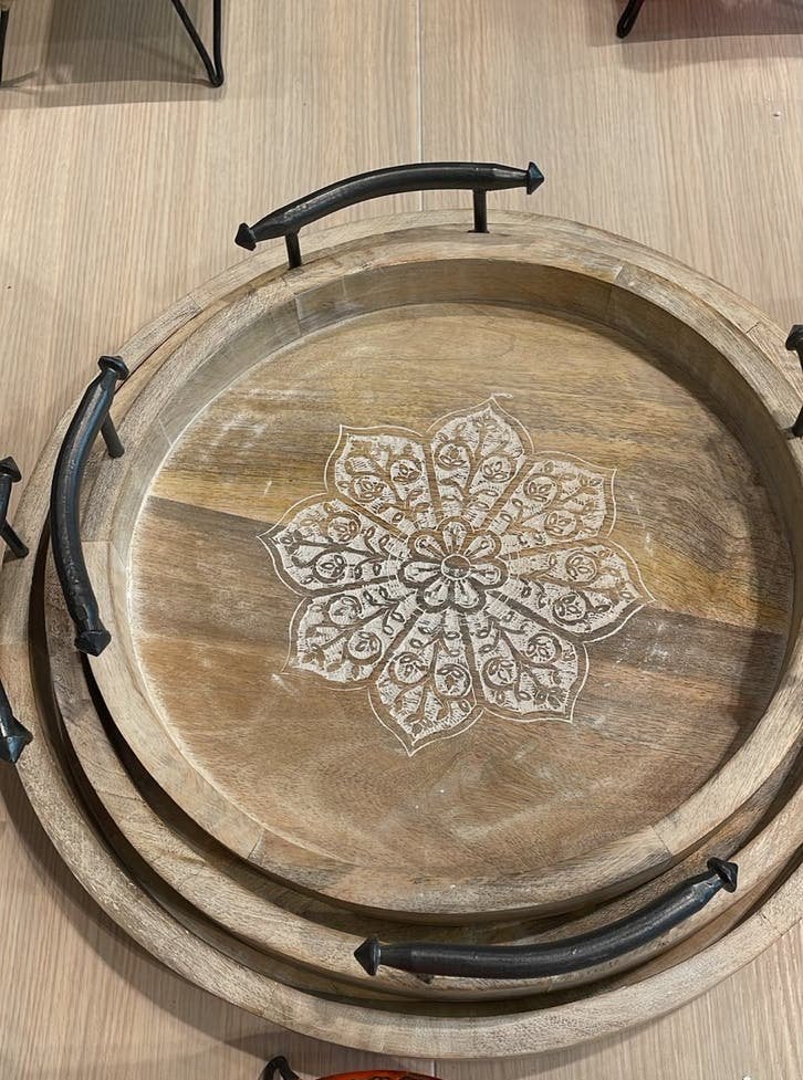Decoratieve Houten Dienblad met Mandala Design, Ophalen of Verzenden, Nieuw, Rond, Hout