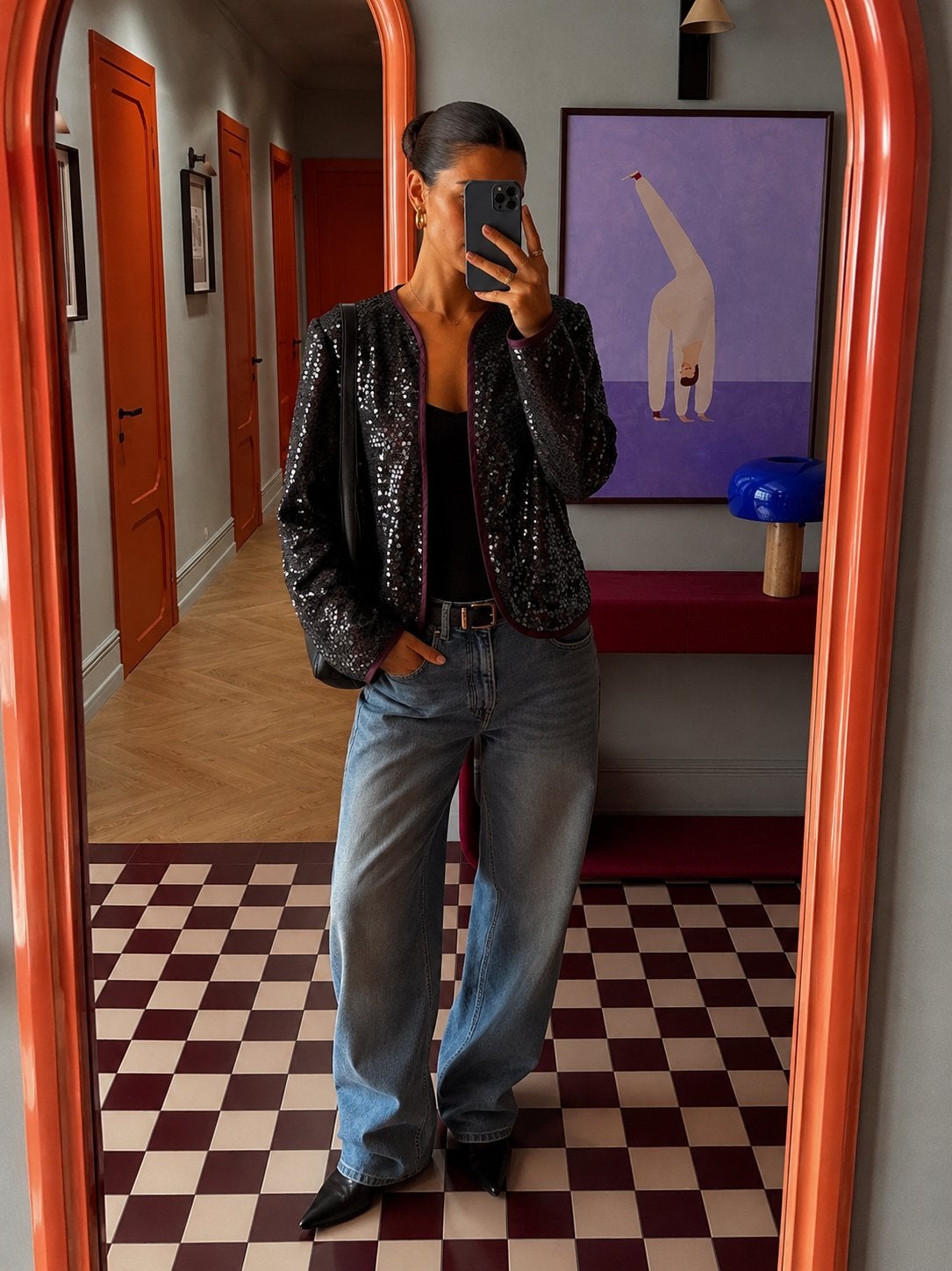 Vintage Bacconi pailletten blazer - Zwart/Bordeaux M/L, Maat 38/40 (M), Zwart, Ophalen of Verzenden, Jasje