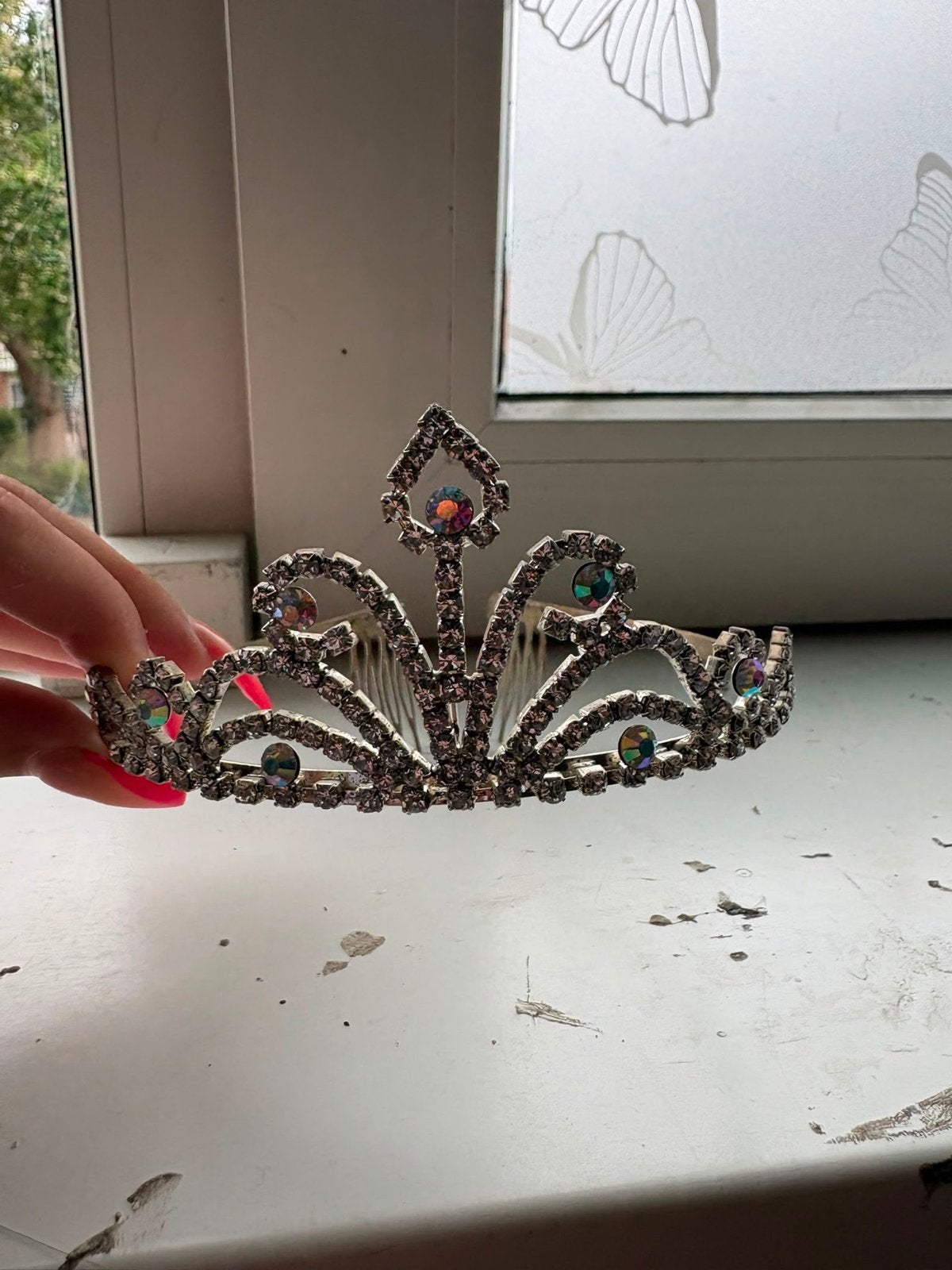 Prachtige Tiara met Glitters en Kammetjes, Ophalen, Zo goed als nieuw, Zilver, Accessoires