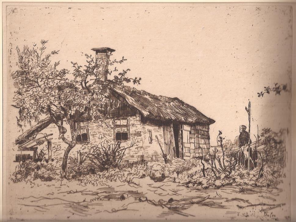 W.B. Tholen. Ets. Giethoorn Boerenwoning, Antiek en Kunst, 18 cm, Ets, Stadsgezicht, 23 cm