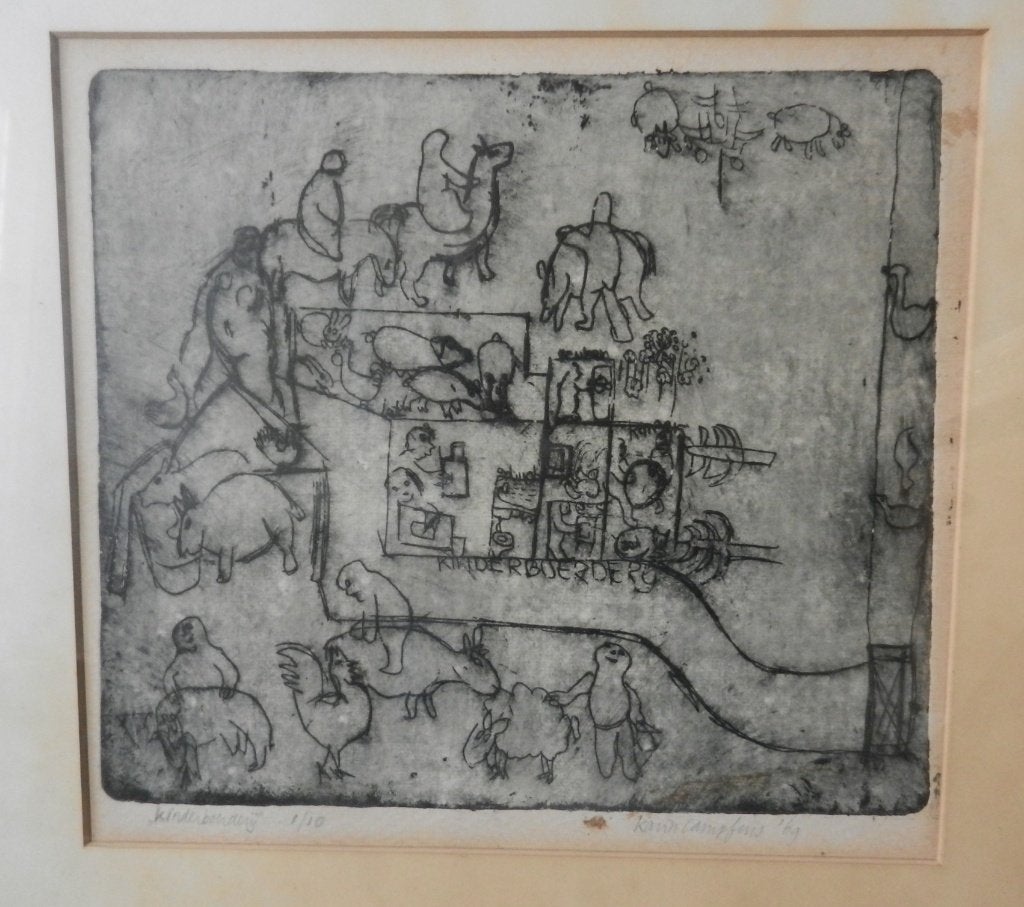 Ets Kinderboerderij Karin Campfens 1969 hxb: 26,5x31 cm, Antiek en Kunst, Dagelijks leven, 27 cm, Ophalen of Verzenden, 31 cm