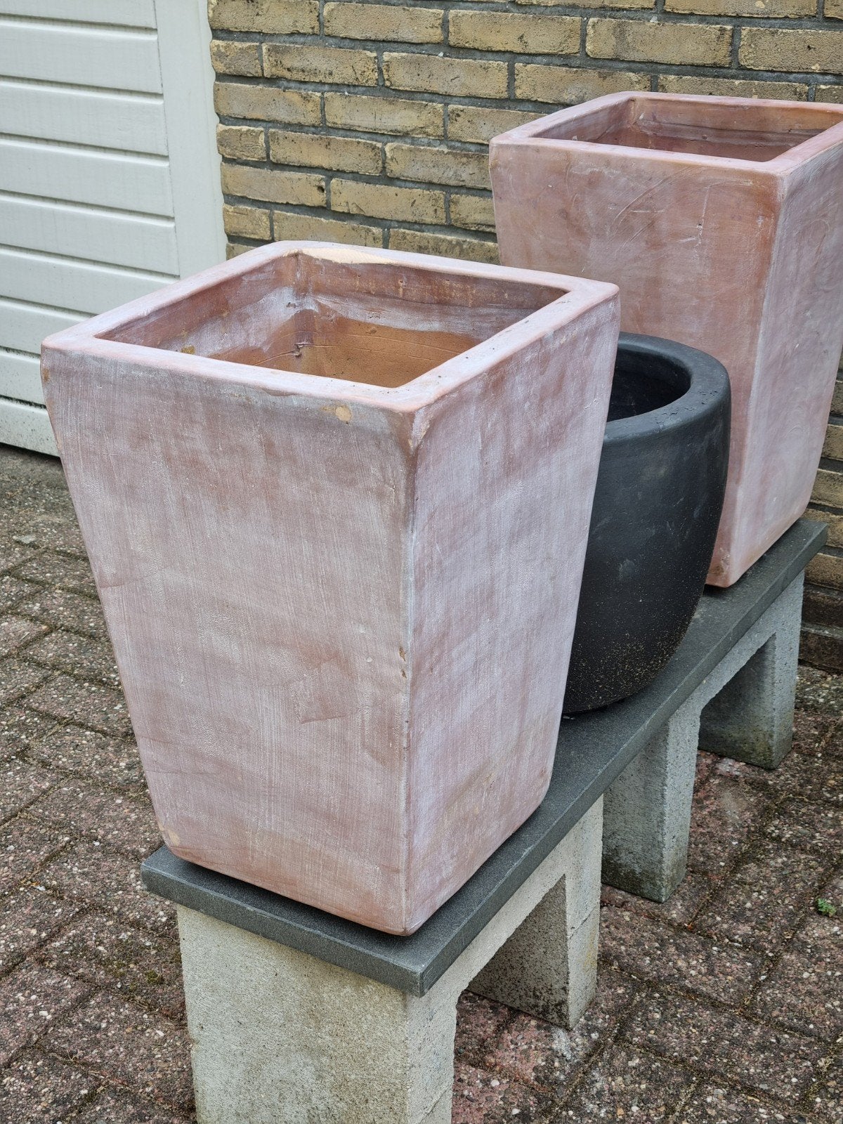 🔥 🔥  2 hoge Plantenbakken terracotta, Ophalen, Steen, Vierkant, Zo goed als nieuw