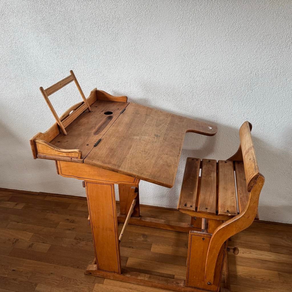 Antieke schoolbank met stoel - Vintage houten bureau, Ophalen