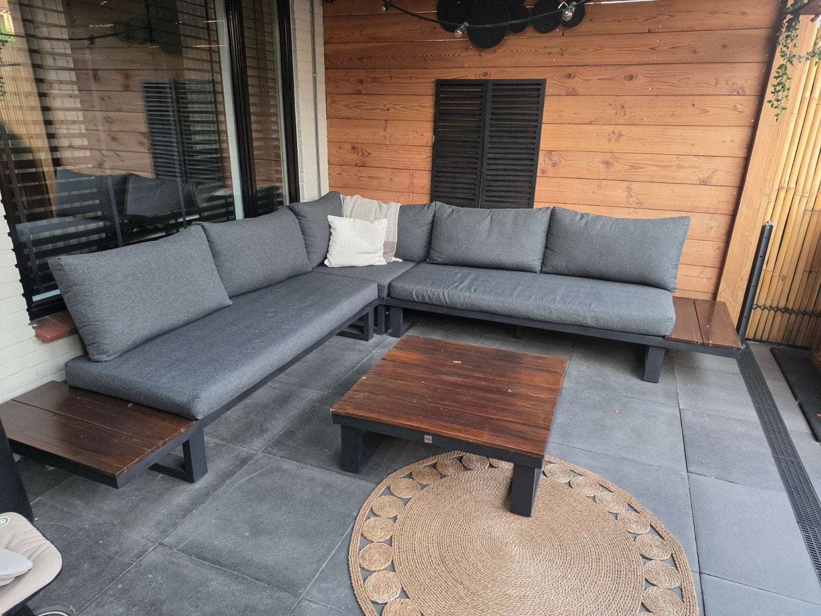 Antraciet loungeset met houten salontafel, Tuin en Terras, Tuinsets en Loungesets, Ophalen, Gebruikt, Bank
