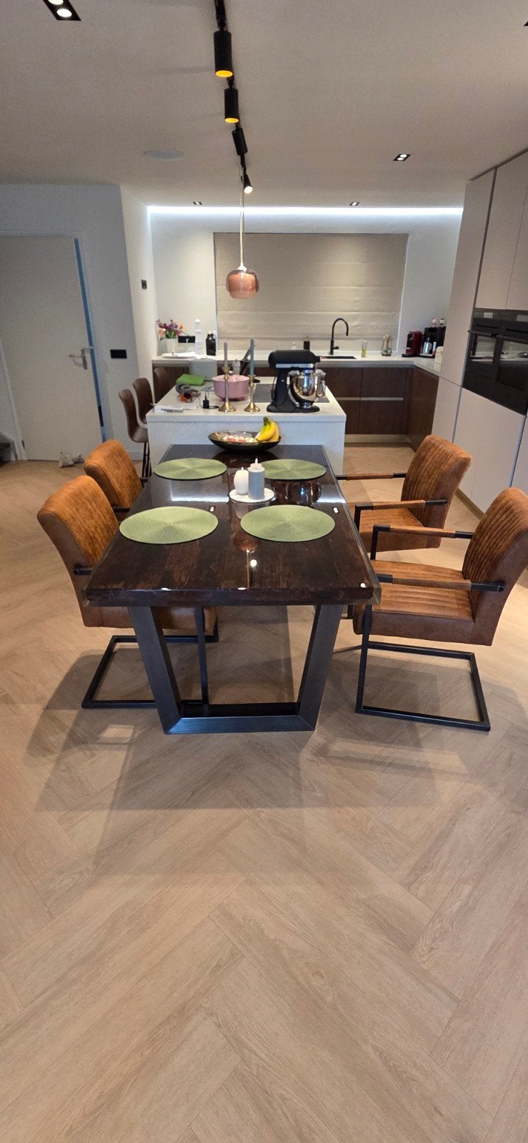Set van 4 Industriële Eetkamerstoelen Cognac Microl, Ophalen, Zo goed als nieuw, Bruin, Vijf, Zes of meer stoelen