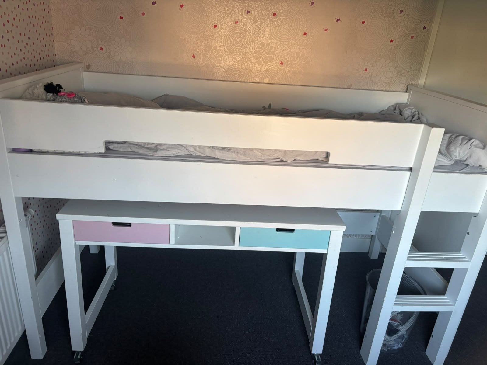 Witte halfhoogslaper met bureau en lades van Bopita, Ophalen, Gebruikt, 90 cm, Eenpersoons