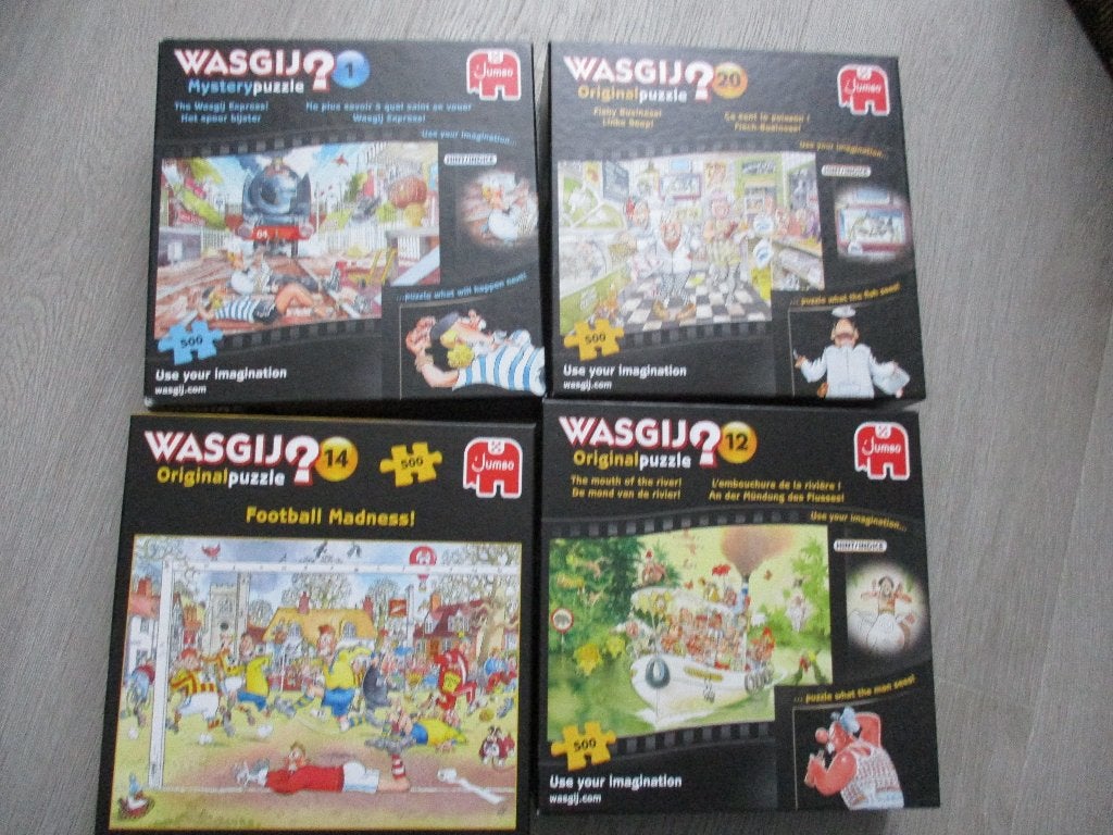 tekoop 4x500 stuks Wasgij puzzels 1-12-14-20, Ophalen of Verzenden, 500 t/m 1500 stukjes, Gebruikt, Legpuzzel