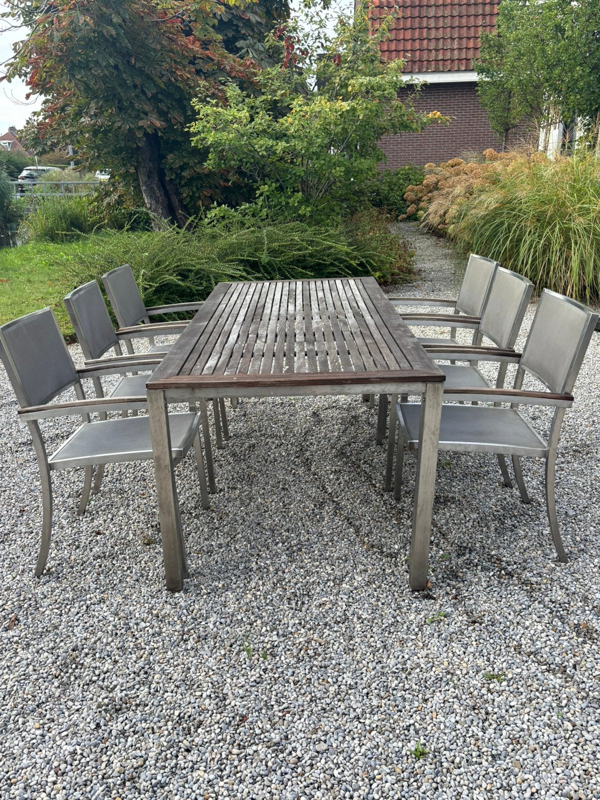 Houten tuintafel met stoelen, Tuin en Terras, Tuinsets en Loungesets, Ophalen, Gebruikt, 6 zitplaatsen, Tuinset