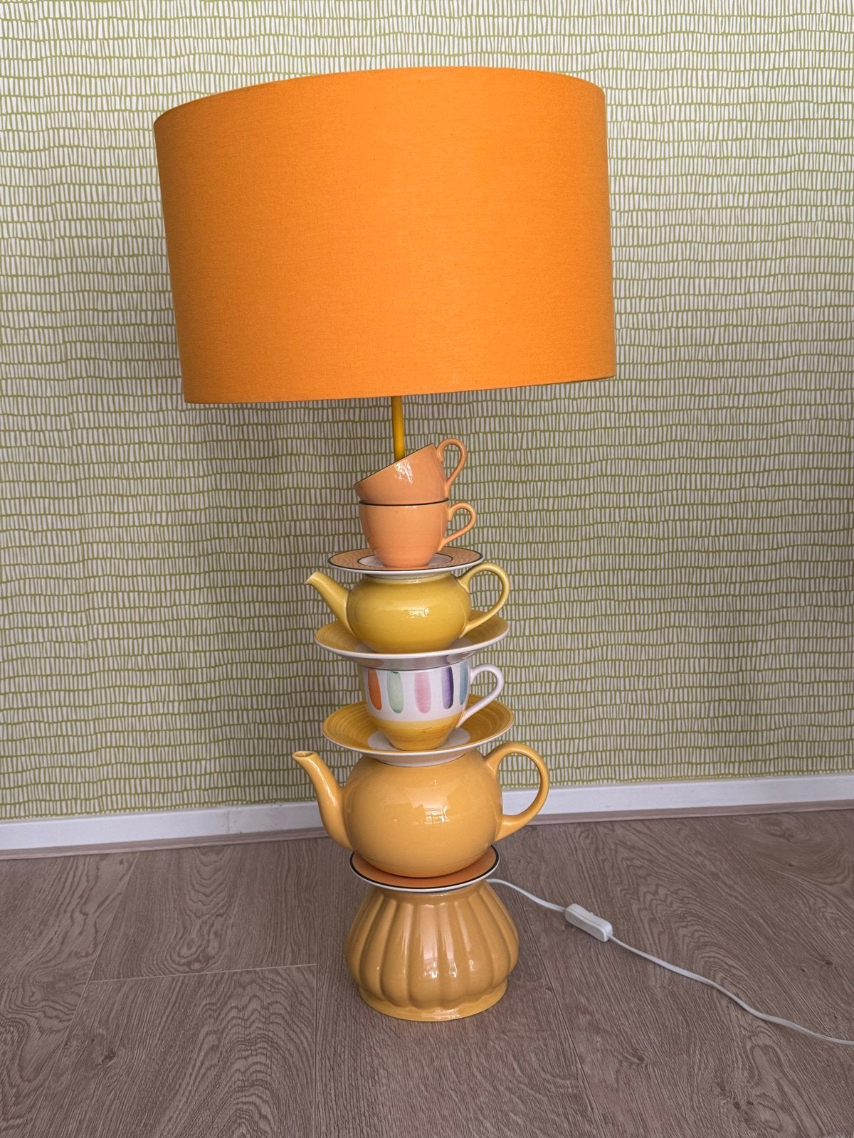 Unieke handgemaakte theepot & kopjes lamp, Gebruikt, Meerkleurig, E27 (groot), Steen/keramiek