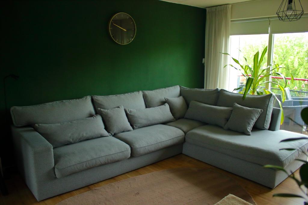 Grote moderne grijze hoekbank (L-vorm) – schoon, comfortabel, Ophalen, Hoekbank, 300 cm of meer, Zo goed als nieuw