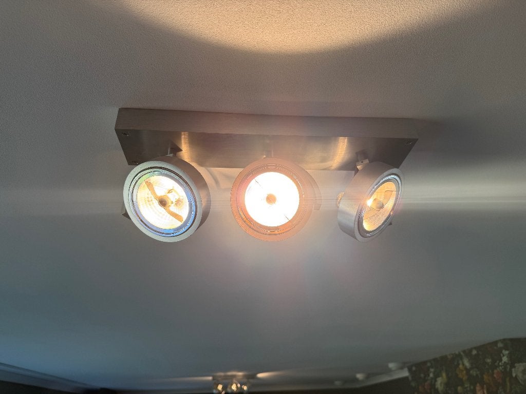 2 keer plafondspot in geborsteld aluminium, Huis en Inrichting, Ophalen, Halogeen, Overige fittingen, Zo goed als nieuw