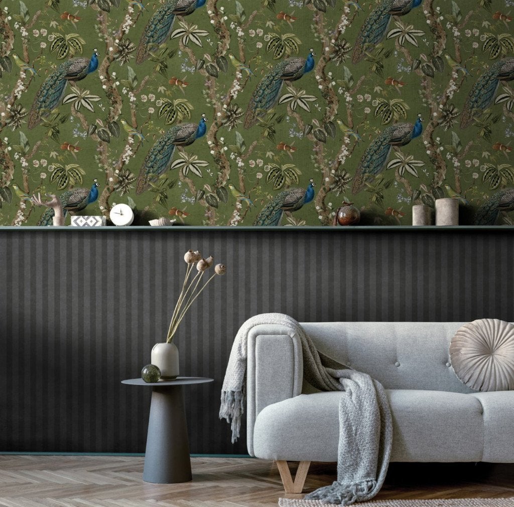   14005 Botanisch pauwenbehang met groene achtergrond swiet, Ophalen of Verzenden, Groen