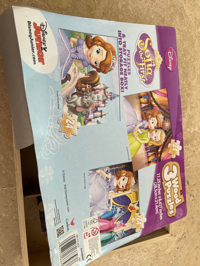 Disney Sofia het Eerste 3 Houten Puzzels in Opbergdoos, Gebruikt, 10 tot 50 stukjes, Ophalen of Verzenden, Van hout