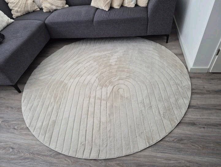 Rond Vloerkleed 200cm - Golvende 3D-lijnen, Crème, Rond, Ophalen of Verzenden, Modern, Golvend, 3D-effect