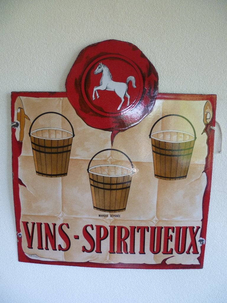 EMAILLE RECLAMEBORD" 3 EMMERS VINS-SPIRITUEUX"UIT 1934, Ophalen of Verzenden, Gebruikt, Reclamebord