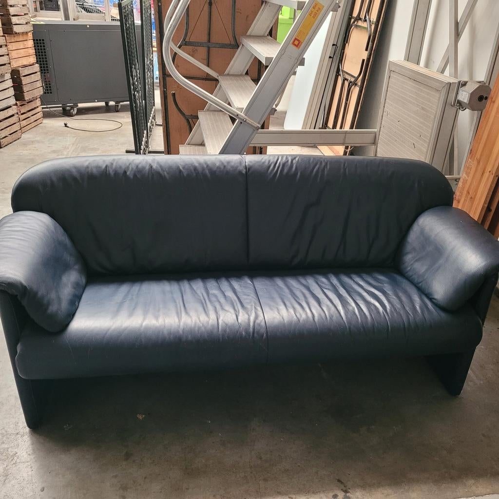 Jori 2,5-zits bank - Blauw leer - 190cm breed, Ophalen, Gebruikt, 150 tot 200 cm, Driepersoons