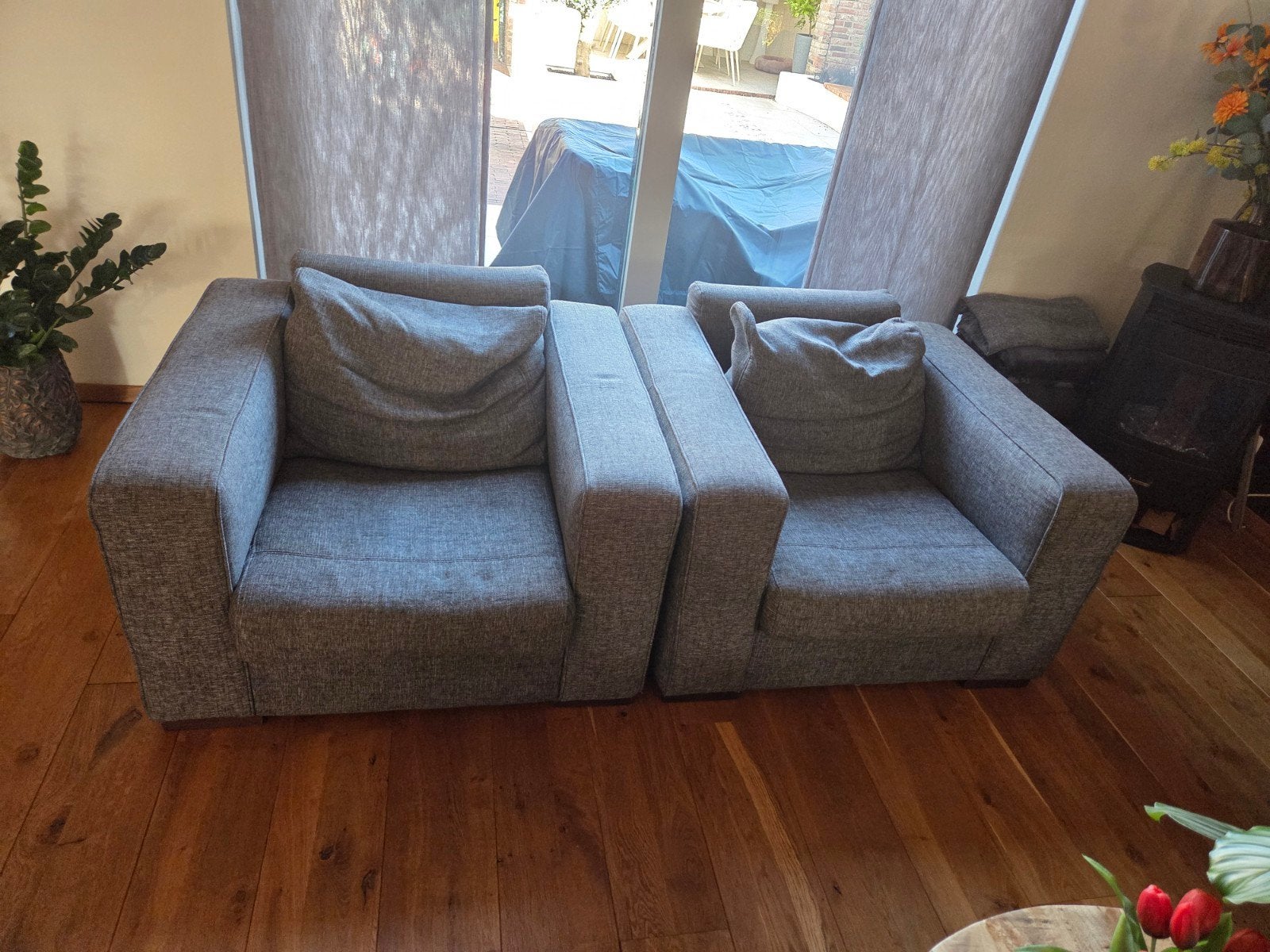Twee comfortabele grijze fauteuils, Gebruikt, Eenpersoons, 75 tot 100 cm, Ophalen of Verzenden