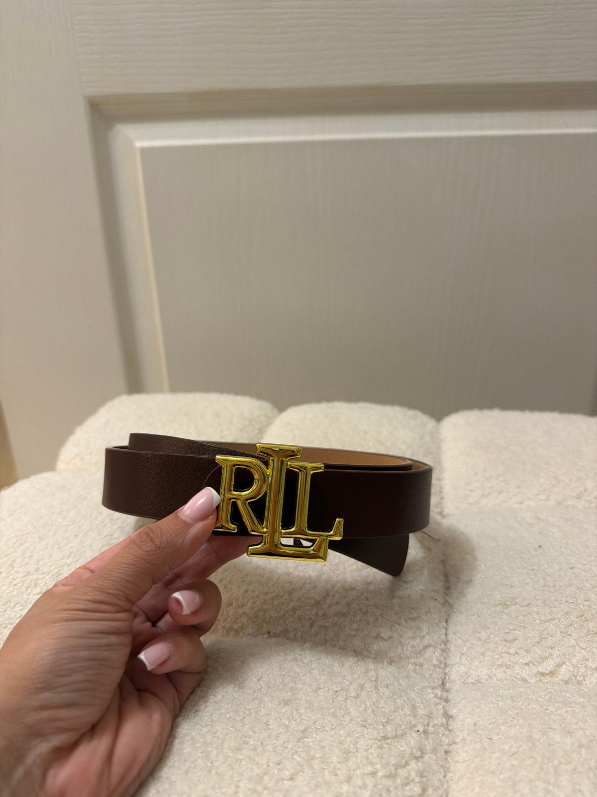 Ralph Lauren bruine riem met gouden RL gesp, Heupriem, Ophalen of Verzenden, Zo goed als nieuw, 3 tot 5 cm