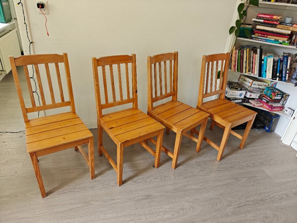 Set van 4 eetkamer houten stoelen, Ophalen, Gebruikt, Bruin, Vier
