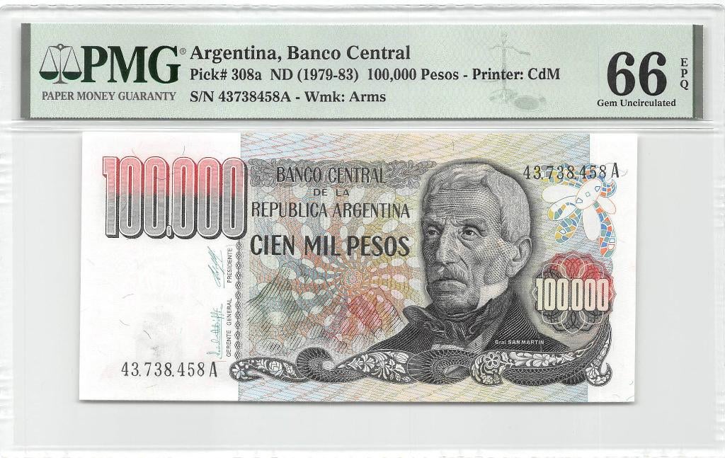 Argentina 100.000 Pesos Ley 1979 Unc PMG 66 EPQ, Ophalen of Verzenden, Zuid-Amerika, Los biljet