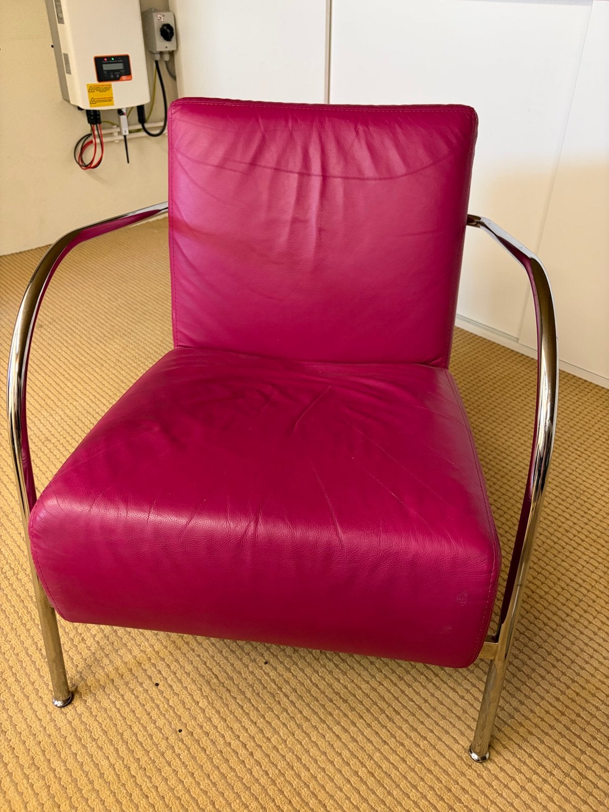 Leren fauteuil - Fuchsia / roze met chromen frame, Ophalen, Gebruikt, Overige kleuren, Leer