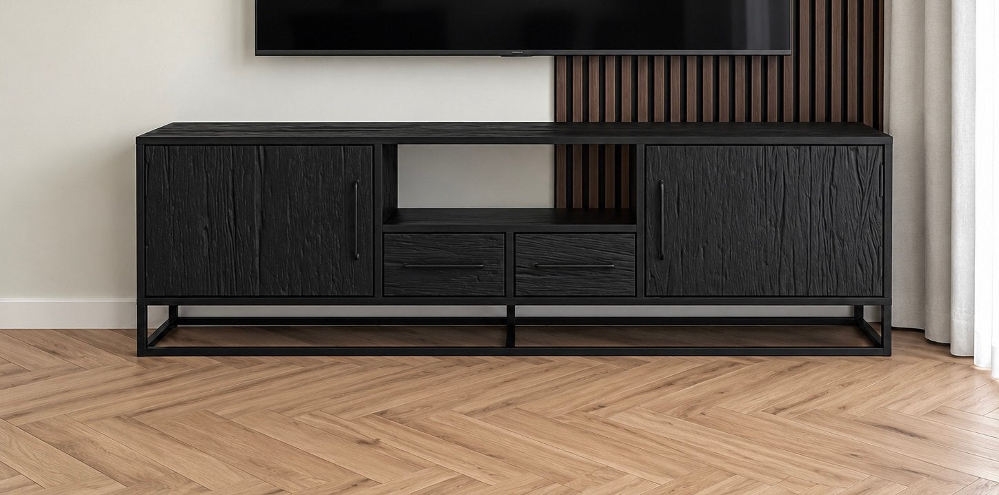 Zwarte robuste tv meubel, Ophalen, 150 tot 200 cm, Zo goed als nieuw, Minder dan 100 cm