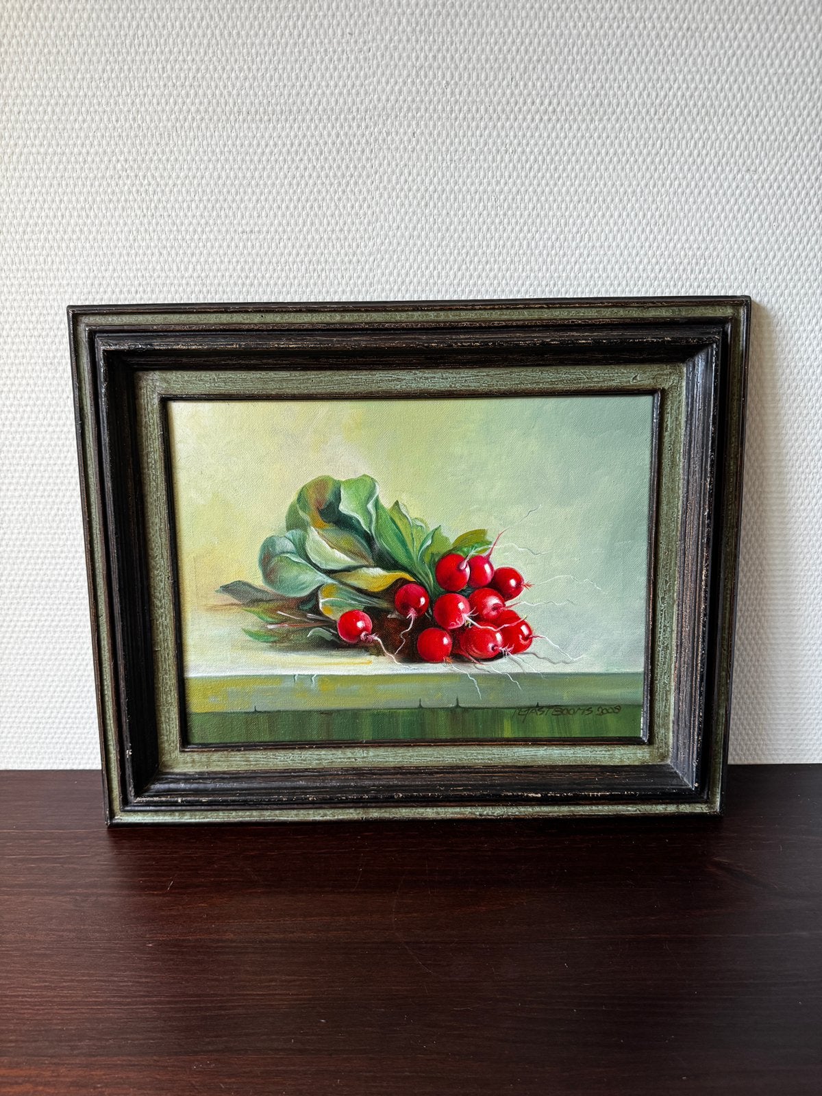Vintage Stilleven Radijzen, Keuken Decoratie, Olieverf, Antiek en Kunst, Doek, Stilleven, Ophalen of Verzenden, Olieverf