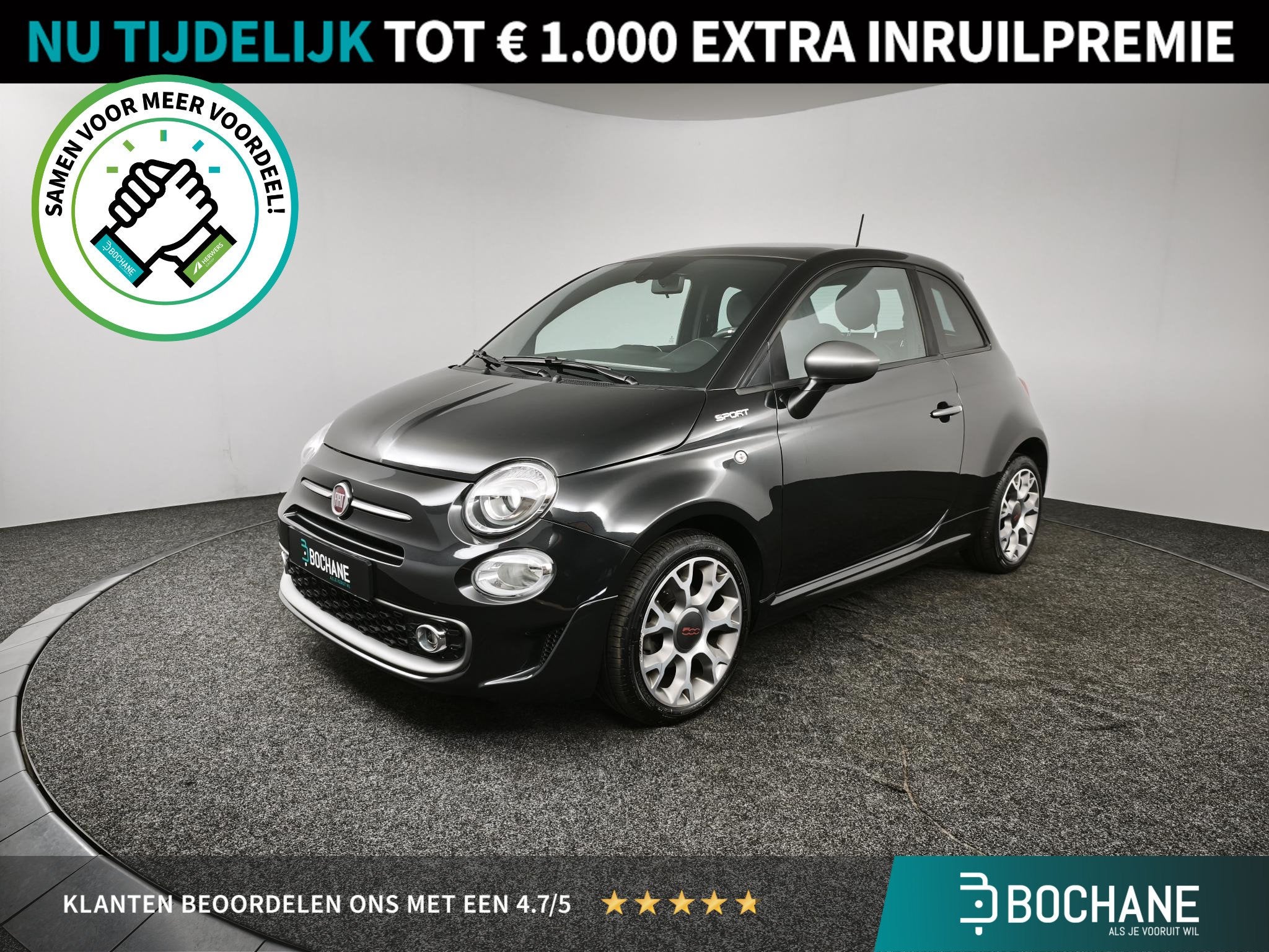 Fiat 500 1.0 Hybrid Sport | Panoramadak | Parkeersensoren |, Auto's, Stof, Met garantie (alle), 4 stoelen, Zwart