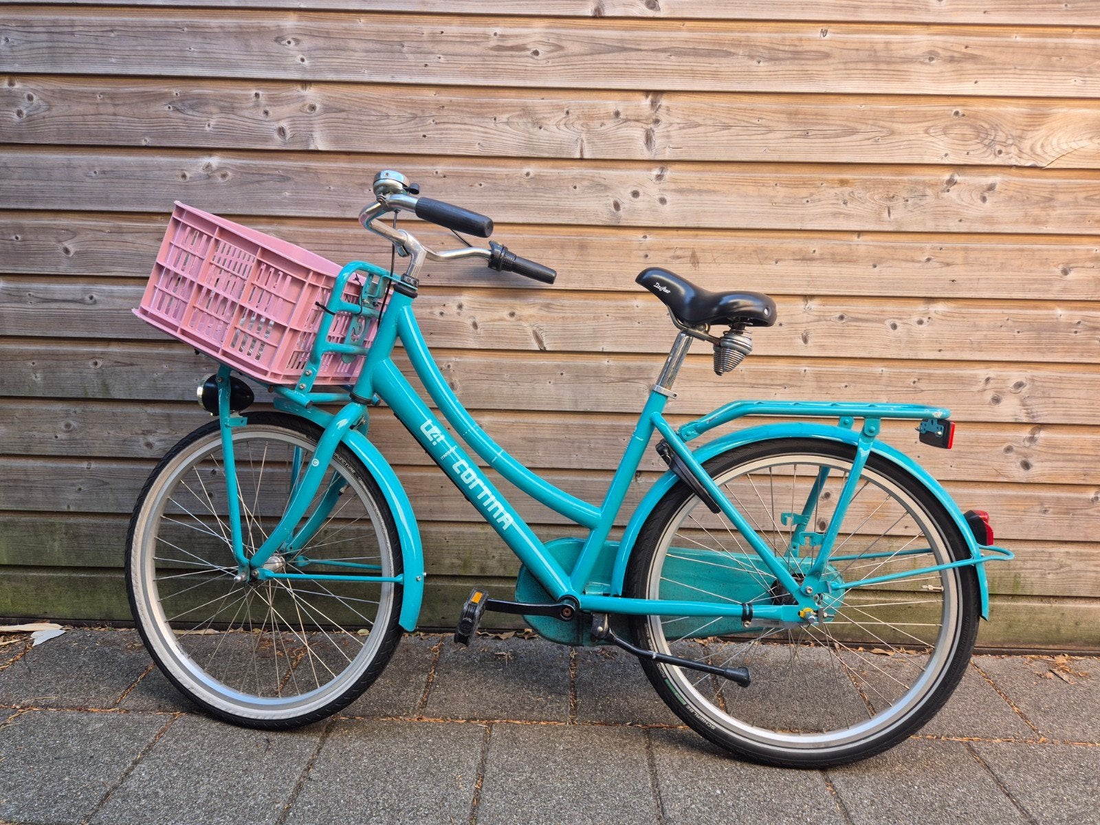 Cortina U4 Transportfiets 24 inch- Turquoise met Roze Krat, Terugtraprem, Gebruikt, Versnellingen, Ophalen