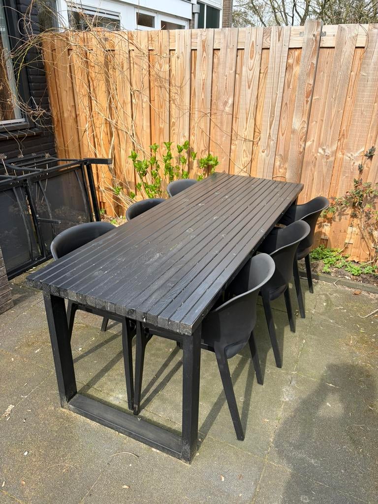 Zwarte tuintafel met 6 tuinstoelen, Ophalen of Verzenden, Zo goed als nieuw, Stoel
