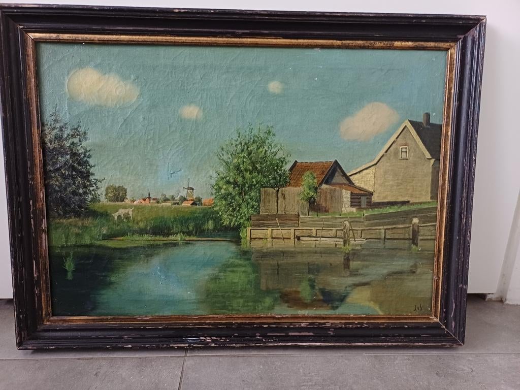 Landschap met molen en geit., Antiek en Kunst, Ophalen of Verzenden
