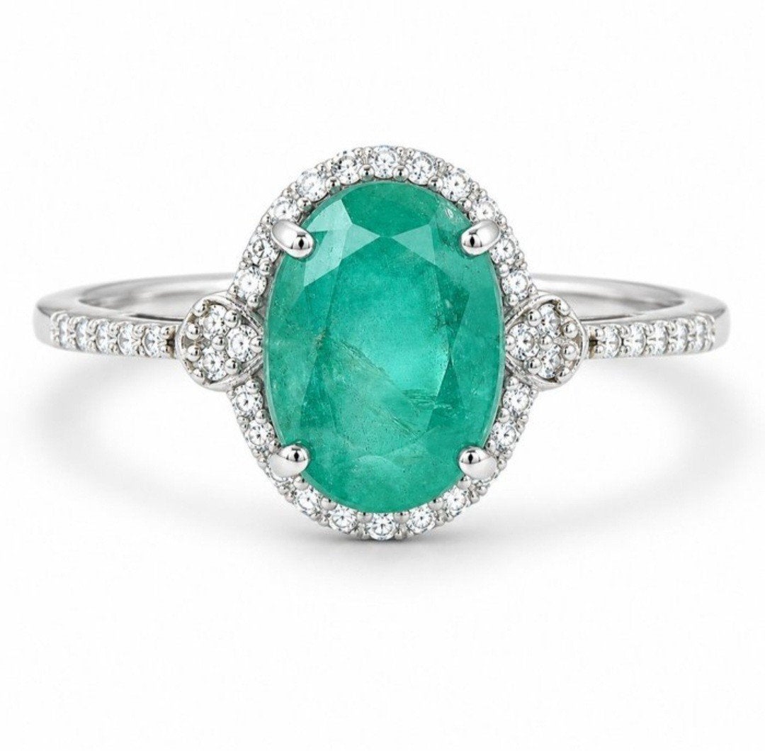Prachtige Platina Ring met Ovale Smaragd en Diamanten, Sieraden, Tassen en Uiterlijk, Ringen, Nieuw, Ophalen of Verzenden, Dame