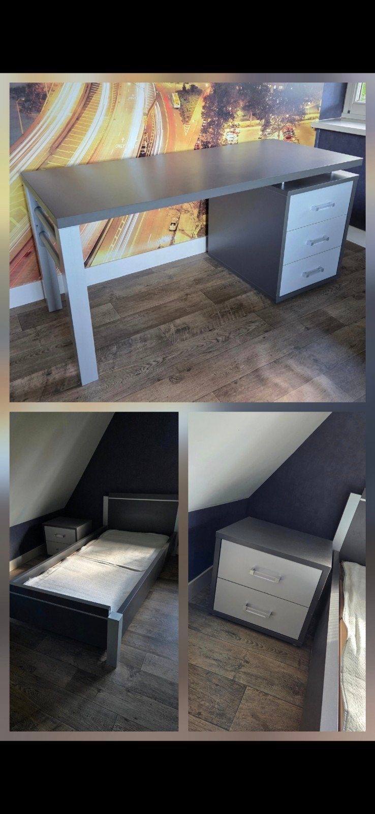 Stevig 1 persoonsbed bed, bureau en nachtkast combi set